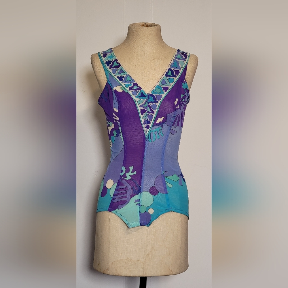 Emilio Pucci for Fromfit Rogers purple, blue, aqua, white. Some damage. Medium.